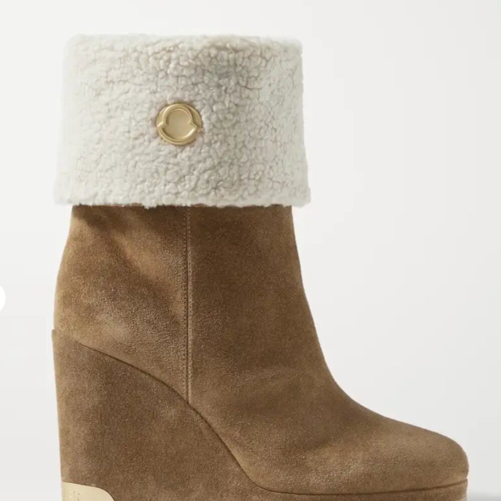 MONCLER SIZE & Short shearling-lined suede wedge ankle boots